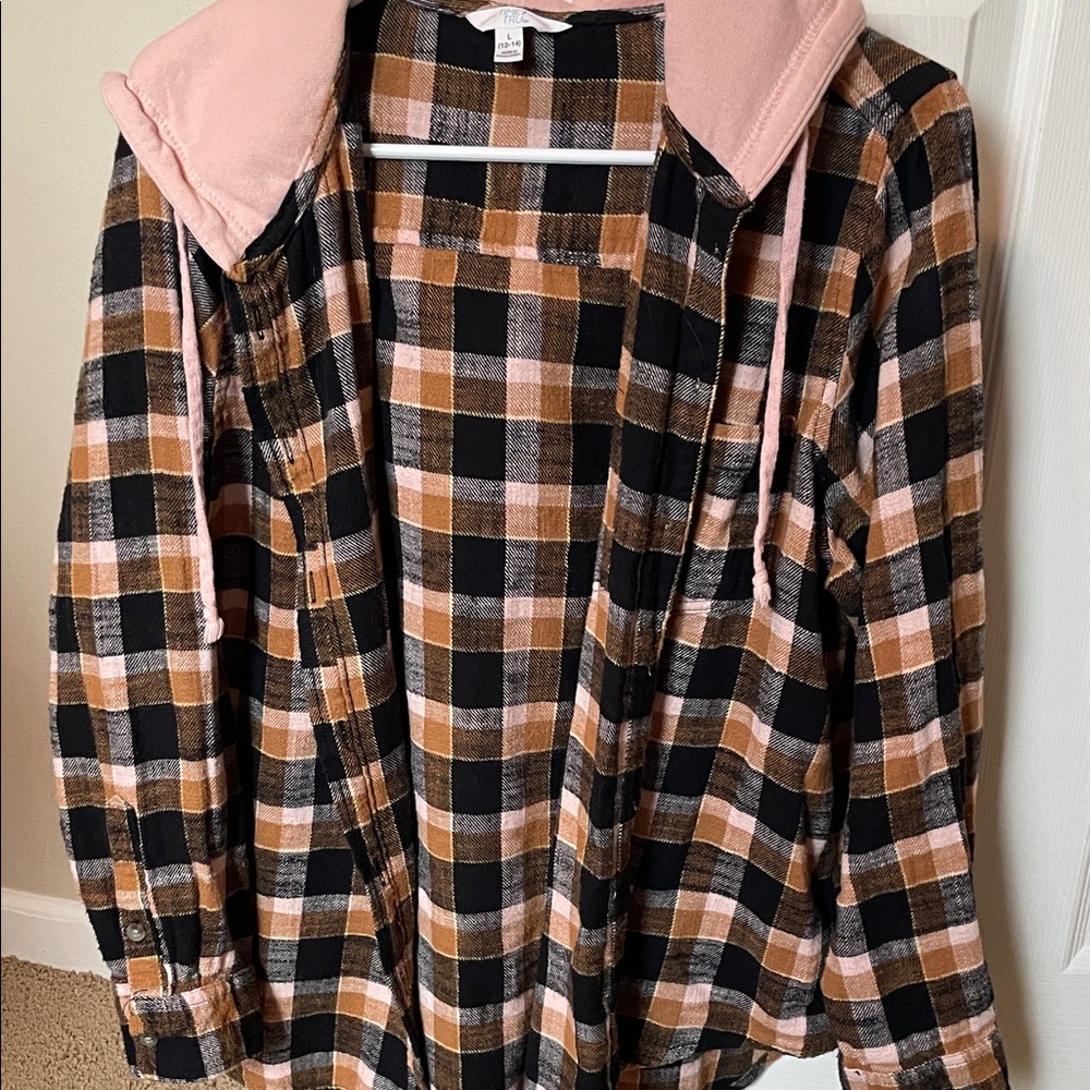 Plaid Flannel Hooded Shacket in Black, Brown & Pink